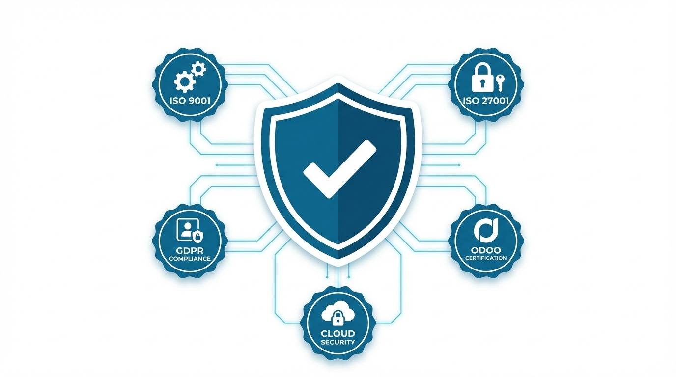 SGC TECH AI certifications including ISO 9001 ISO 27001 GDPR compliance Odoo certification and cloud security badges